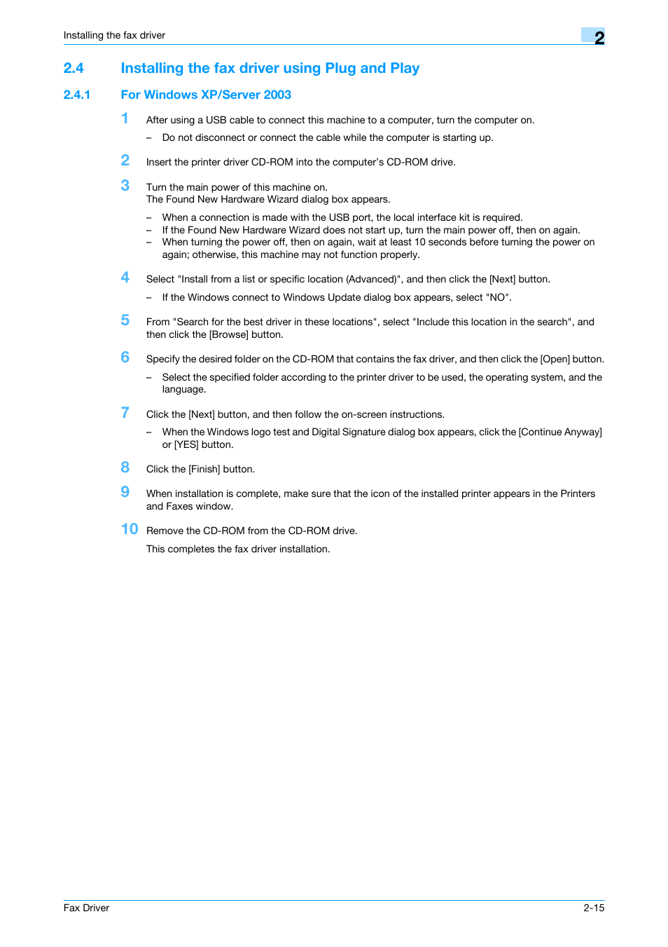 4 installing the fax driver using plug and play, 1 for windows xp/server 2003, Installing the fax driver using plug and play -15 | For windows xp/server 2003 -15 | Konica Minolta bizhub 421 User Manual | Page 26 / 67