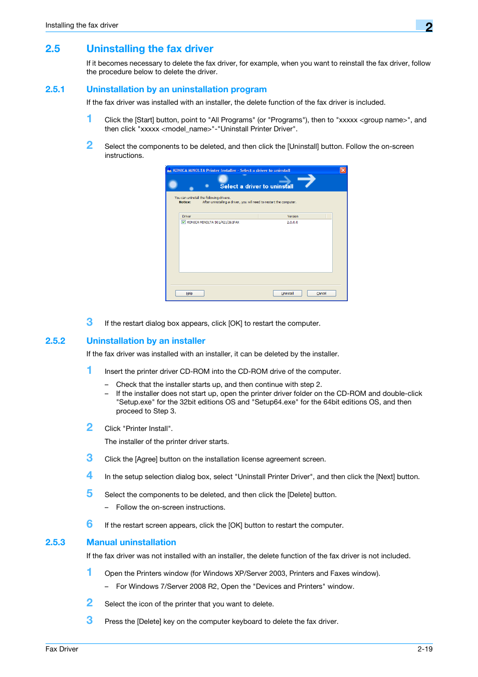 5 uninstalling the fax driver, 1 uninstallation by an uninstallation program, 2 uninstallation by an installer | 3 manual uninstallation, Uninstalling the fax driver -19, Uninstallation by an uninstallation program -19, Uninstallation by an installer -19, Manual uninstallation -19, Details, refer to, Uninstalling the | Konica Minolta bizhub 421 User Manual | Page 30 / 67