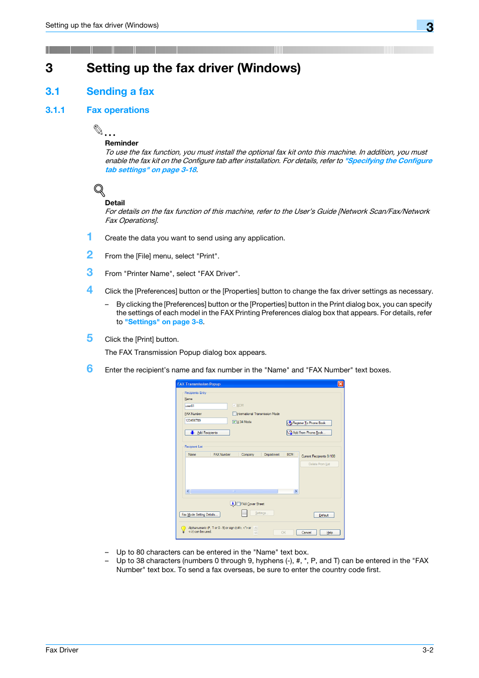 3 setting up the fax driver (windows), 1 sending a fax, 1 fax operations | Setting up the fax driver (windows), Sending a fax -2, Fax operations -2, 3setting up the fax driver (windows) | Konica Minolta bizhub 421 User Manual | Page 33 / 67