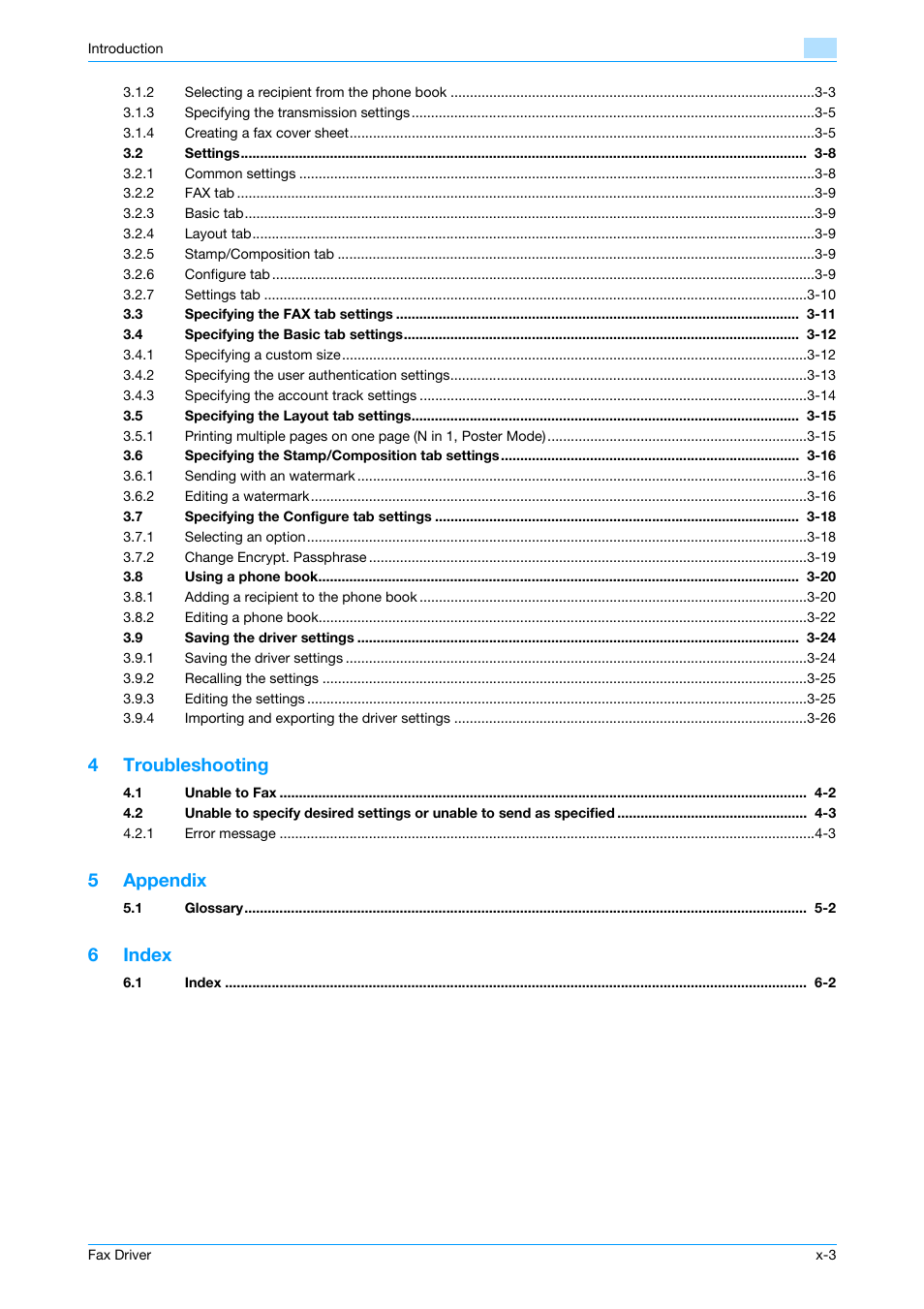 4troubleshooting, 5appendix, 6index | Konica Minolta bizhub 421 User Manual | Page 4 / 67