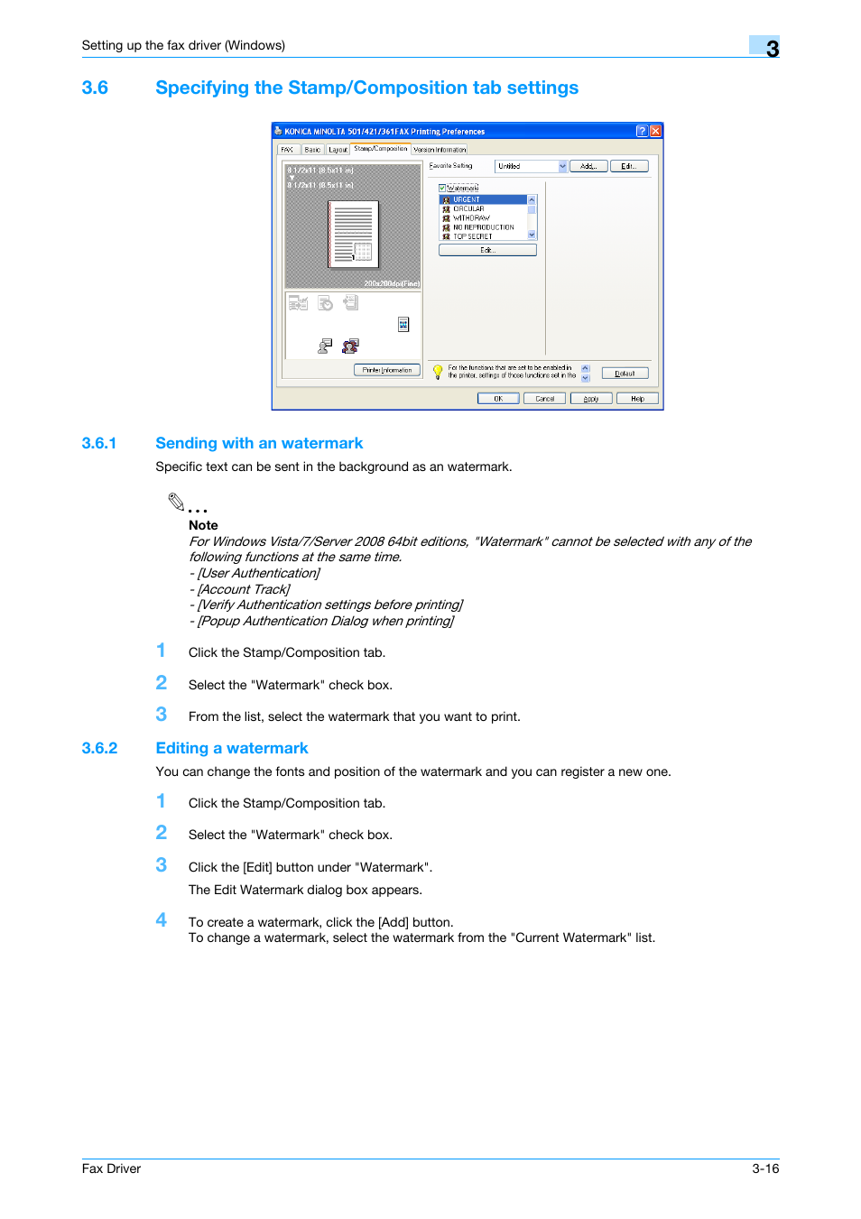 6 specifying the stamp/composition tab settings, 1 sending with an watermark, 2 editing a watermark | Specifying the stamp/composition tab settings -16, Sending with an watermark -16, Editing a watermark -16 | Konica Minolta bizhub 421 User Manual | Page 47 / 67