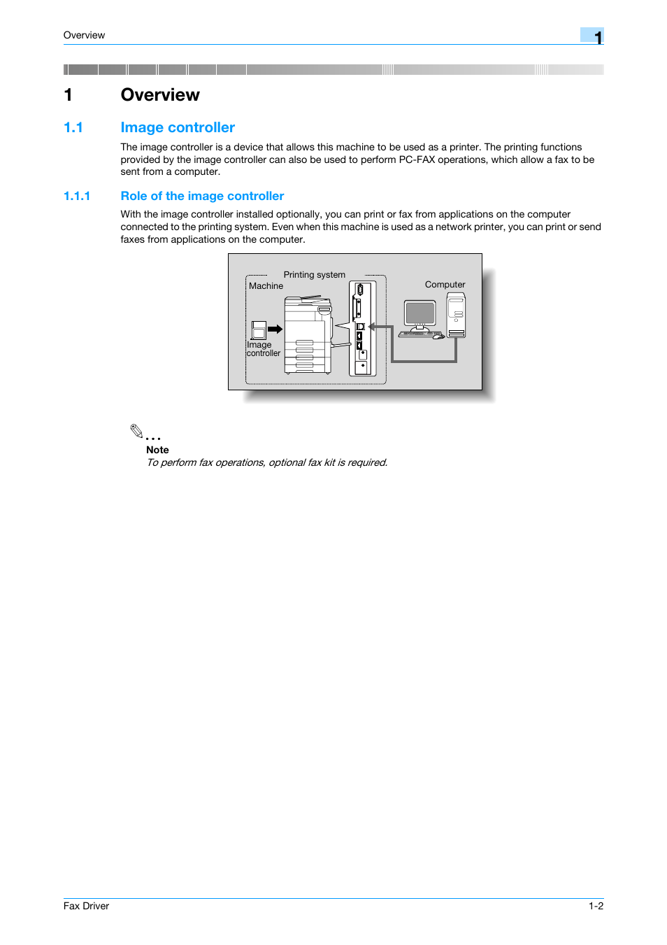 1 overview, 1 image controller, 1 role of the image controller | Overview, Image controller -2, Role of the image controller -2, 1overview | Konica Minolta bizhub 421 User Manual | Page 8 / 67