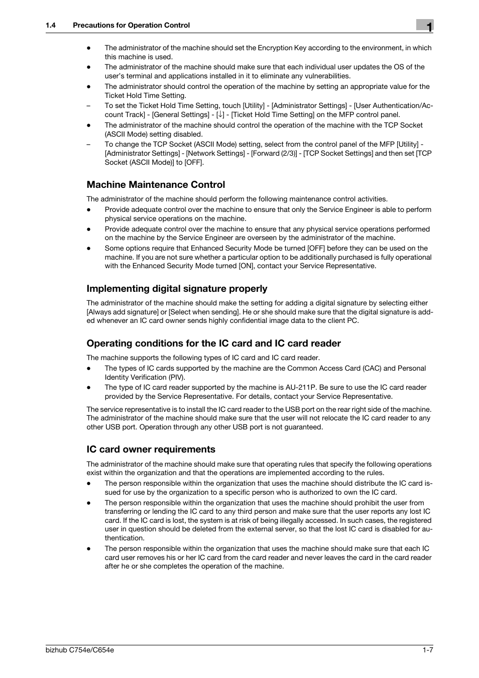 Machine maintenance control, Implementing digital signature properly, Ic card owner requirements | Konica Minolta bizhub C654e User Manual | Page 10 / 58