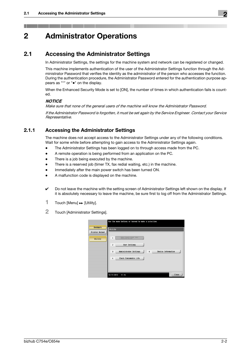 2 administrator operations, 1 accessing the administrator settings, Administrator operations | Accessing the administrator settings -2, 2administrator operations | Konica Minolta bizhub C654e User Manual | Page 14 / 58