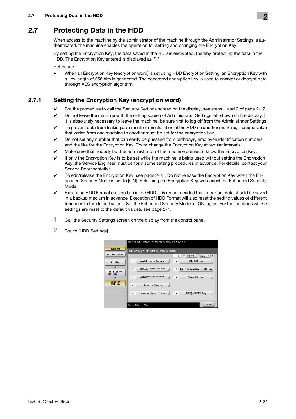 7 protecting data in the hdd, 1 setting the encryption key (encryption word), Protecting data in the hdd -21 | Setting the encryption key (encryption word) -21 | Konica Minolta bizhub C654e User Manual | Page 33 / 58