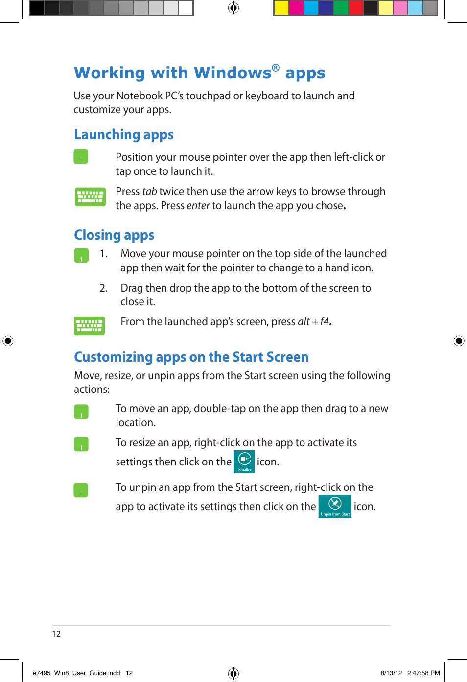 Working with windows® apps, Launching apps, Closing apps | Customizing apps on the start screen, Working with windows, Apps, Closing apps launching apps | Asus Notebook PC (User Guide for Windows 8) User Manual | Page 12 / 30