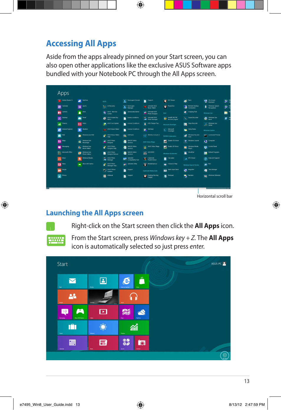 Accessing all apps, Launching the all apps screen | Asus Notebook PC (User Guide for Windows 8) User Manual | Page 13 / 30