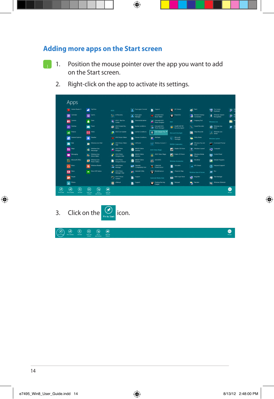 Adding more apps on the start screen | Asus Notebook PC (User Guide for Windows 8) User Manual | Page 14 / 30