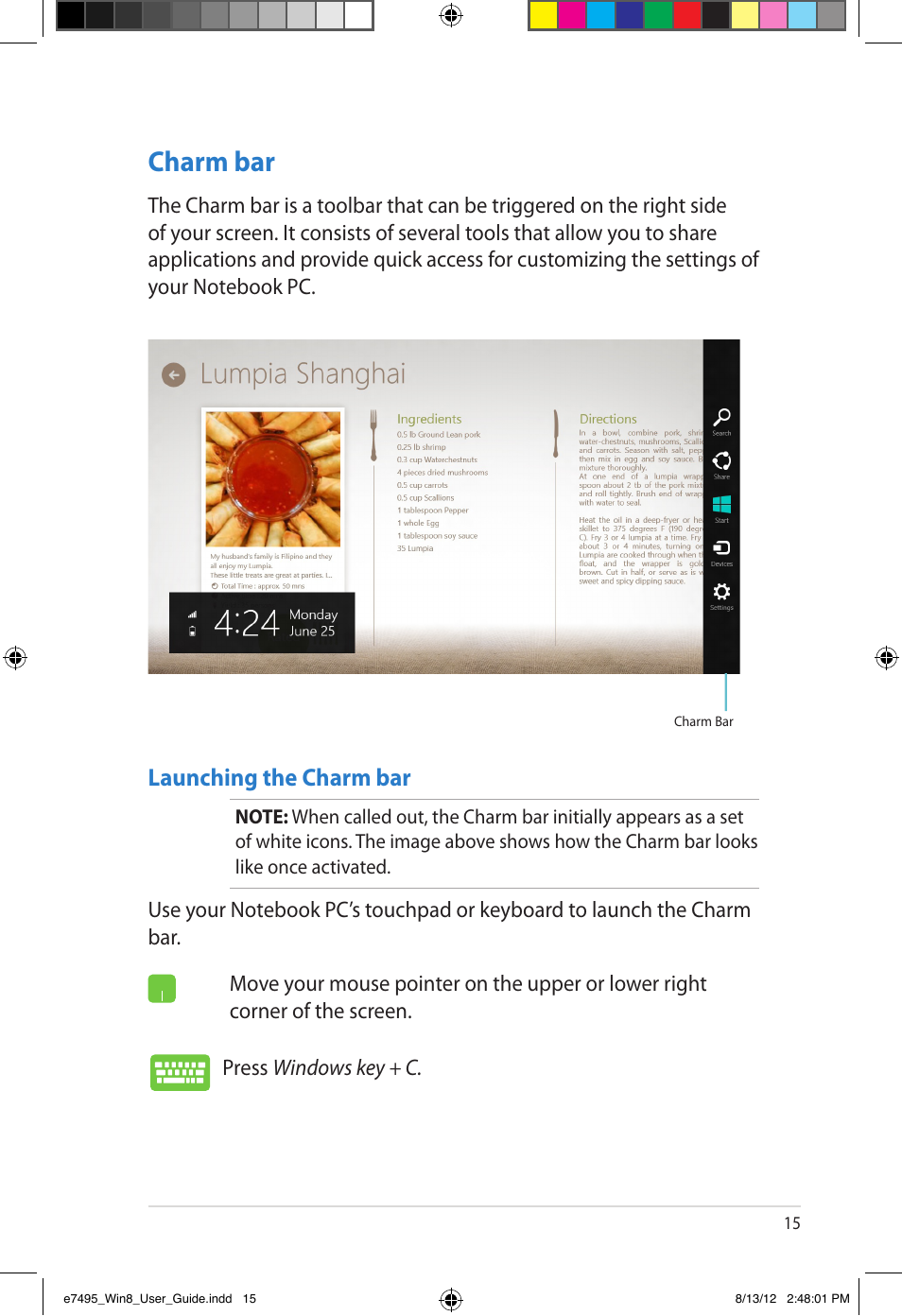 Charm bar, Launching the charm bar | Asus Notebook PC (User Guide for Windows 8) User Manual | Page 15 / 30