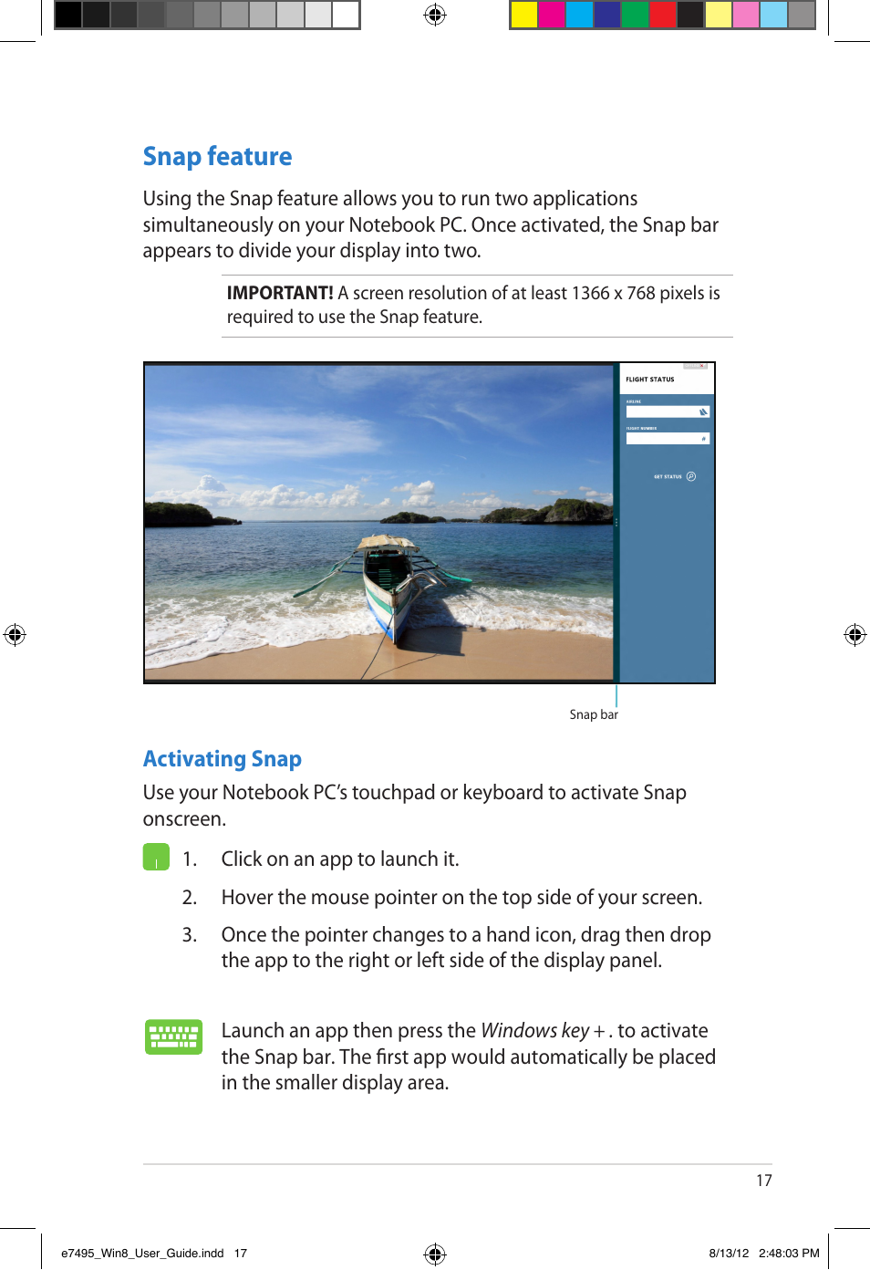 Snap feature, Activating snap | Asus Notebook PC (User Guide for Windows 8) User Manual | Page 17 / 30