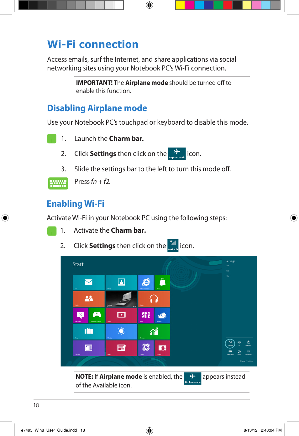 Wi-fi connection, Disabling airplane mode, Enabling wi-fi | Disabling airplane mode enabling wi-fi | Asus Notebook PC (User Guide for Windows 8) User Manual | Page 18 / 30