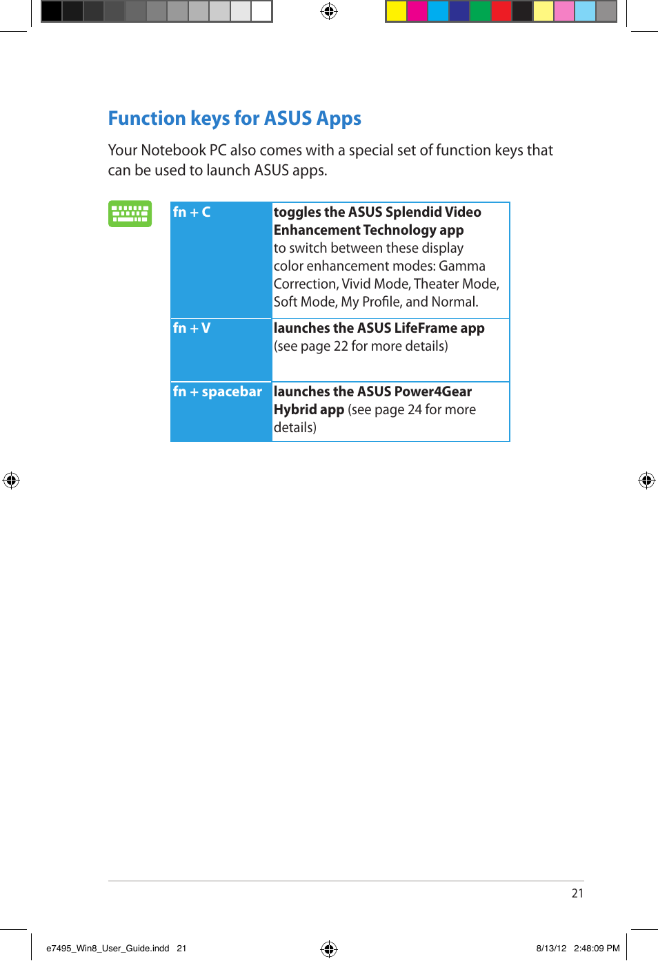 Function keys for asus apps | Asus Notebook PC (User Guide for Windows 8) User Manual | Page 21 / 30