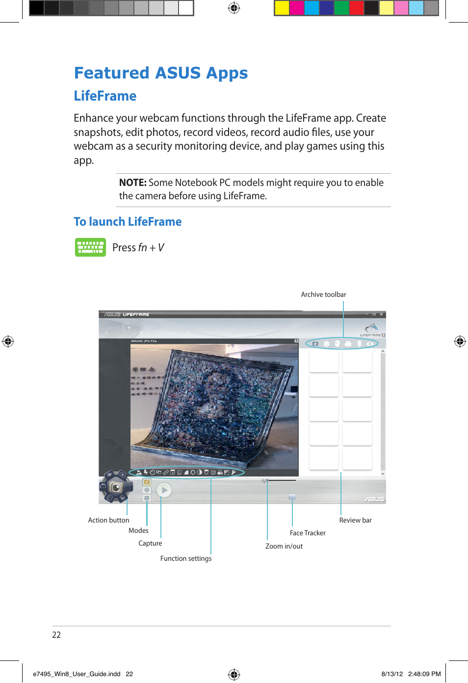 Featured asus apps, Lifeframe, Press fn + v | Asus Notebook PC (User Guide for Windows 8) User Manual | Page 22 / 30