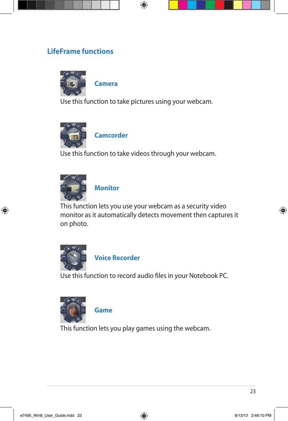 Lifeframe functions | Asus Notebook PC (User Guide for Windows 8) User Manual | Page 23 / 30