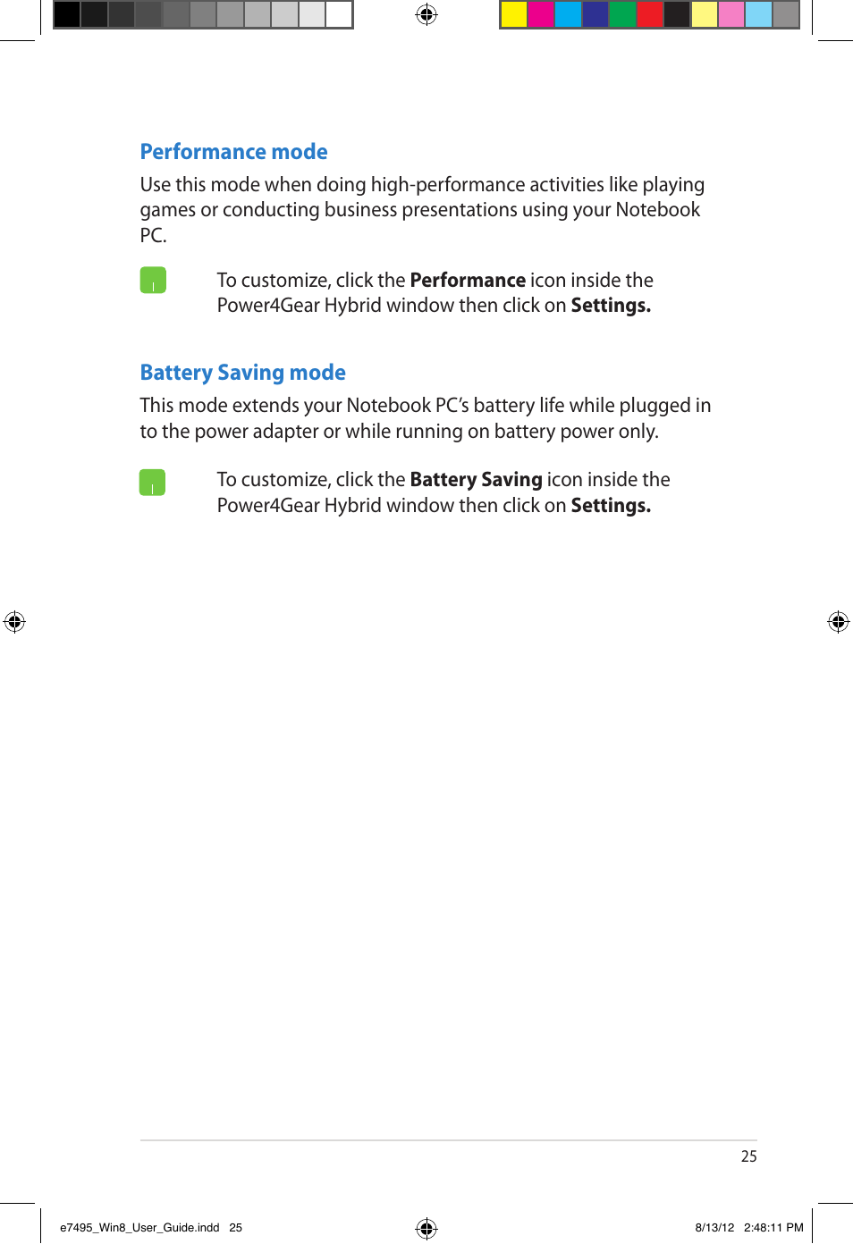 Performance mode, Battery saving mode | Asus Notebook PC (User Guide for Windows 8) User Manual | Page 25 / 30