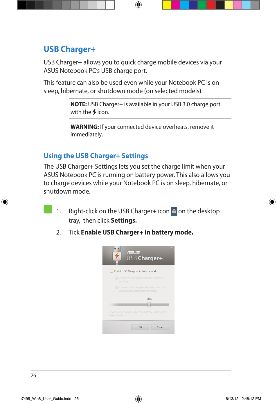 Usb charger, Using the usb charger+ settings | Asus Notebook PC (User Guide for Windows 8) User Manual | Page 26 / 30