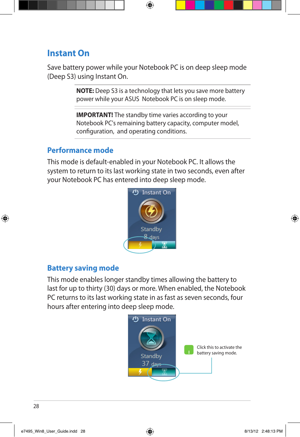 Instant on, Performance mode, Battery saving mode | Asus Notebook PC (User Guide for Windows 8) User Manual | Page 28 / 30