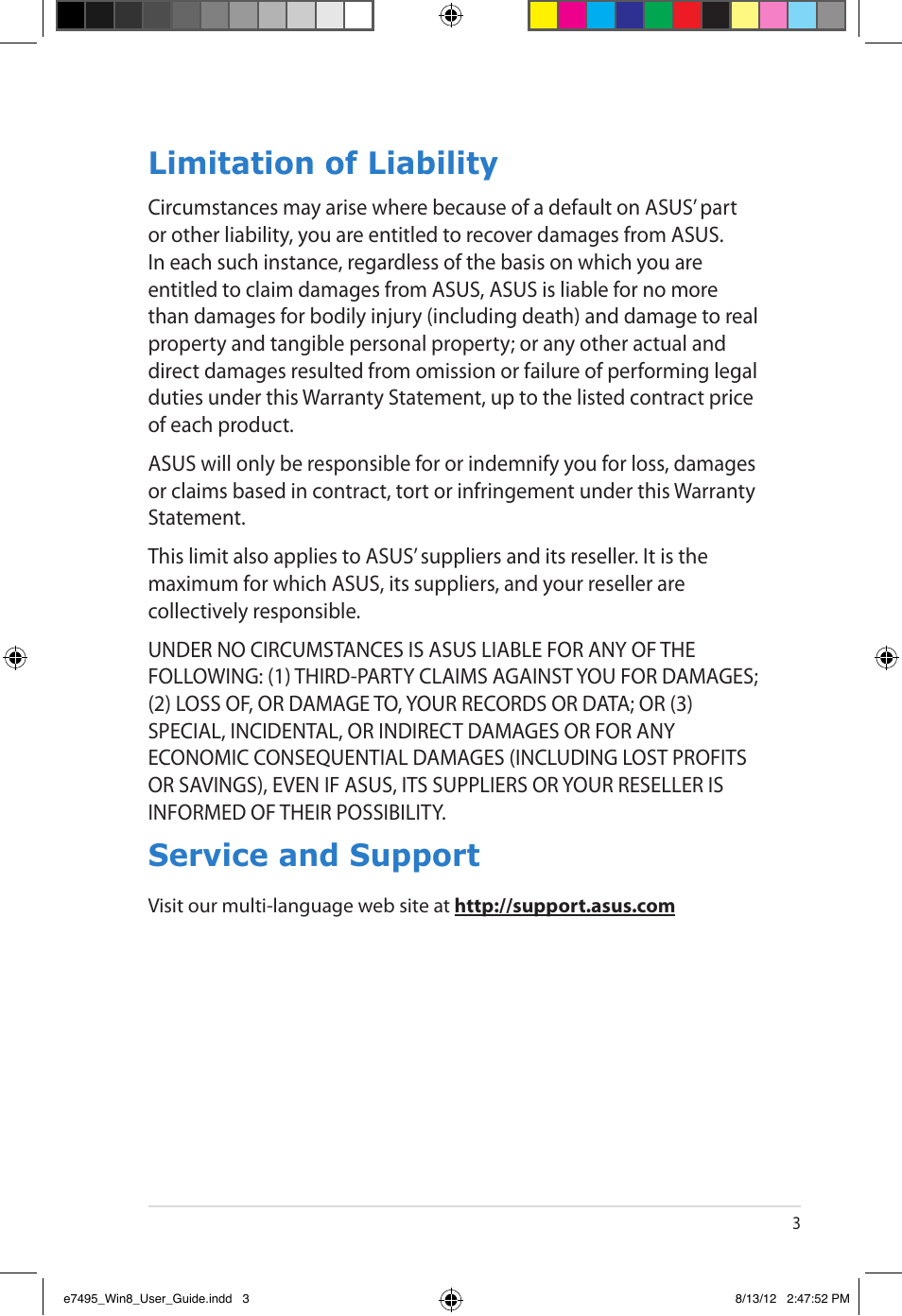 Limitation of liability, Service and support | Asus Notebook PC (User Guide for Windows 8) User Manual | Page 3 / 30