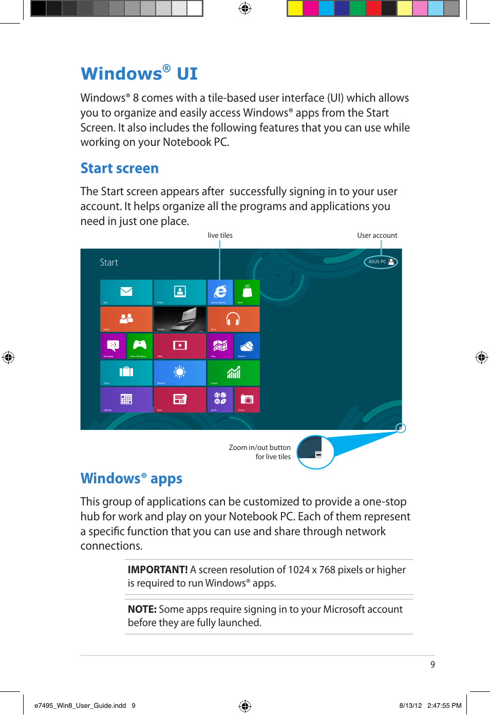 Windows® ui, Start screen, Windows® apps | Windows, Start screen windows® apps | Asus Notebook PC (User Guide for Windows 8) User Manual | Page 9 / 30