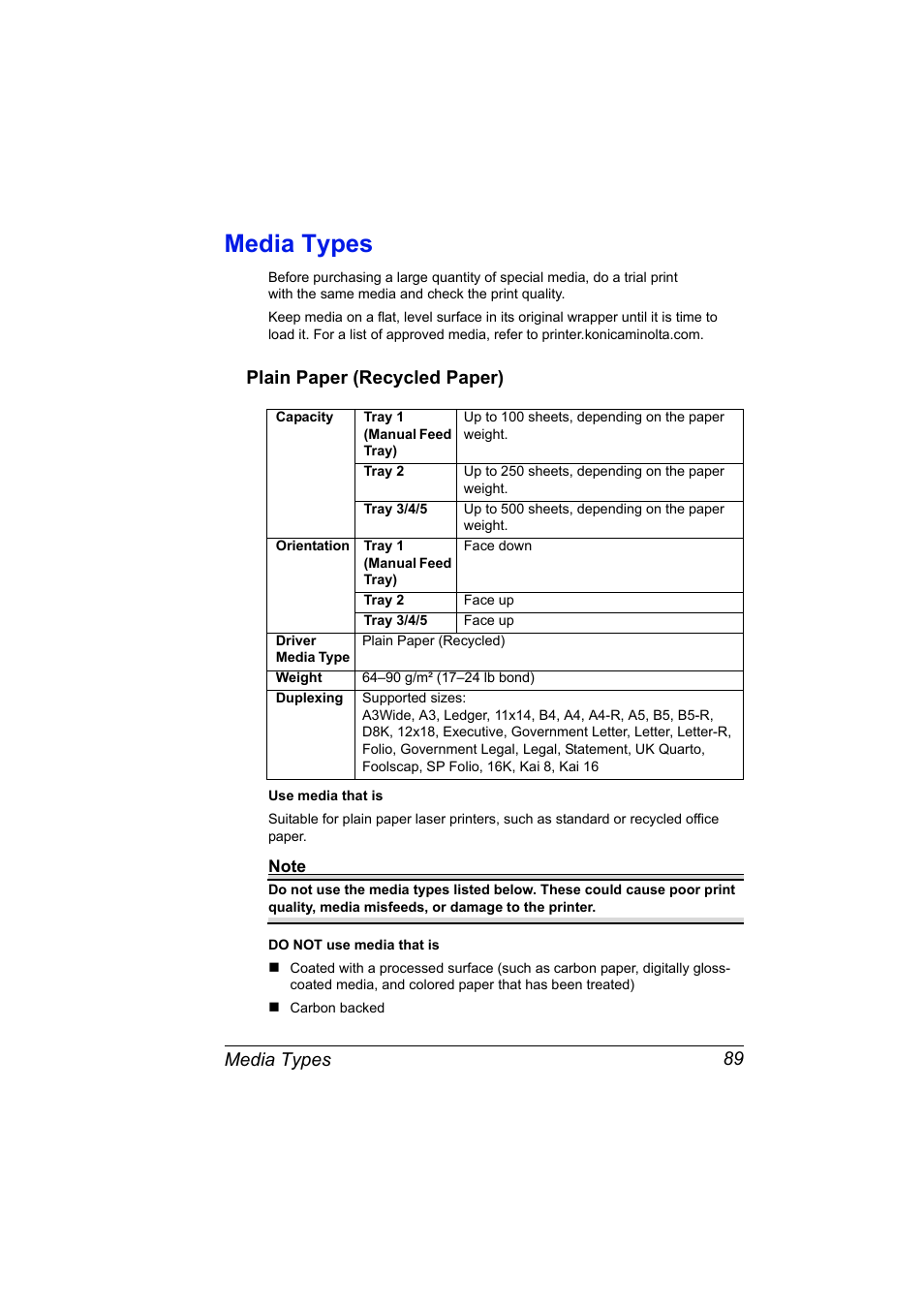 Media types, Plain paper (recycled paper), Media types 89 | Plain paper (recycled paper) 89 | Konica Minolta magicolor 7450 grafx User Manual | Page 103 / 254