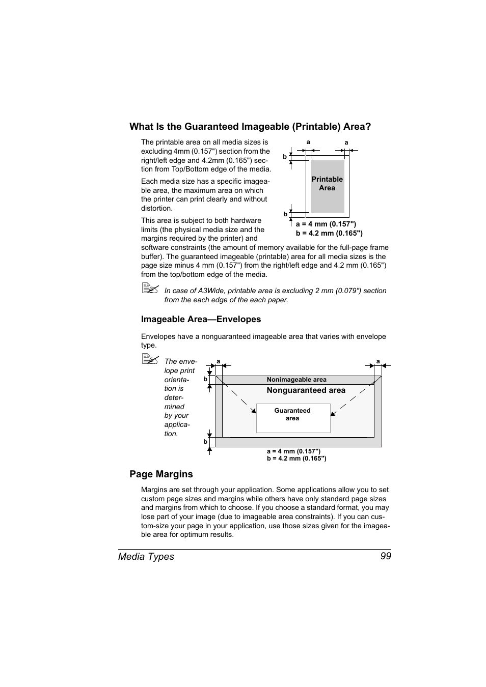 What is the guaranteed imageable (printable) area, Imageable area—envelopes, Imageable area—envelopes 99 | Page margins | Konica Minolta magicolor 7450 grafx User Manual | Page 113 / 254