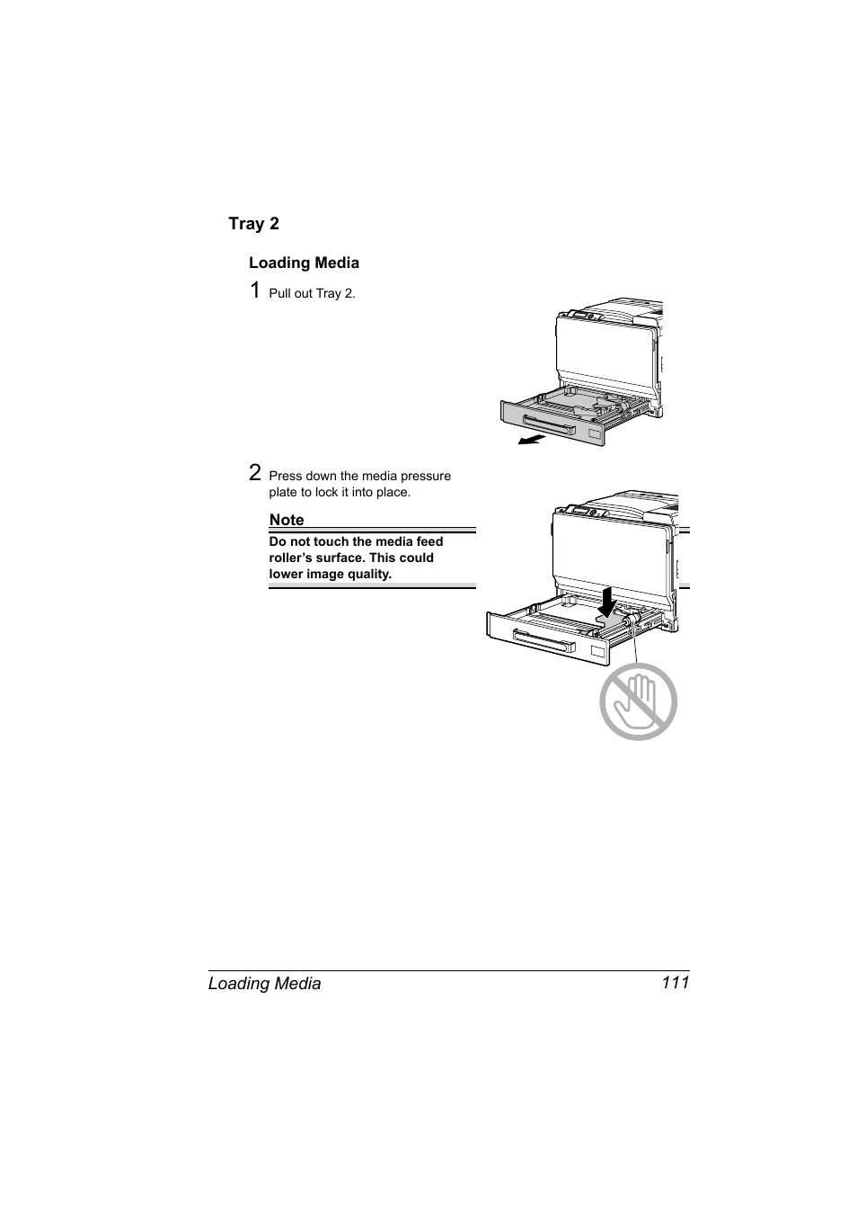 Tray 2, Loading media, Tray 2 111 | Loading media 111 | Konica Minolta magicolor 7450 grafx User Manual | Page 125 / 254