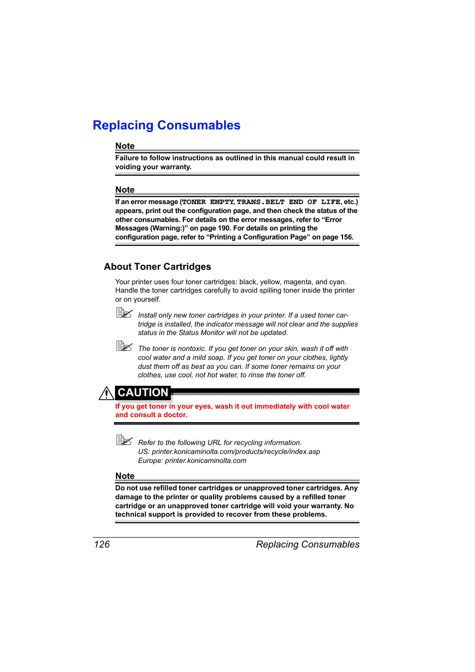 Replacing consumables, About toner cartridges, Replacing consumables 126 | About toner cartridges 126, Caution | Konica Minolta magicolor 7450 grafx User Manual | Page 140 / 254