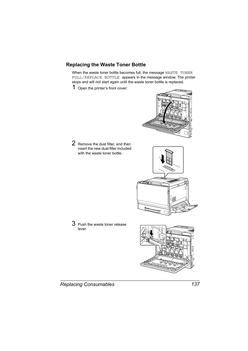 Replacing the waste toner bottle, Replacing the waste toner bottle 137 | Konica Minolta magicolor 7450 grafx User Manual | Page 151 / 254
