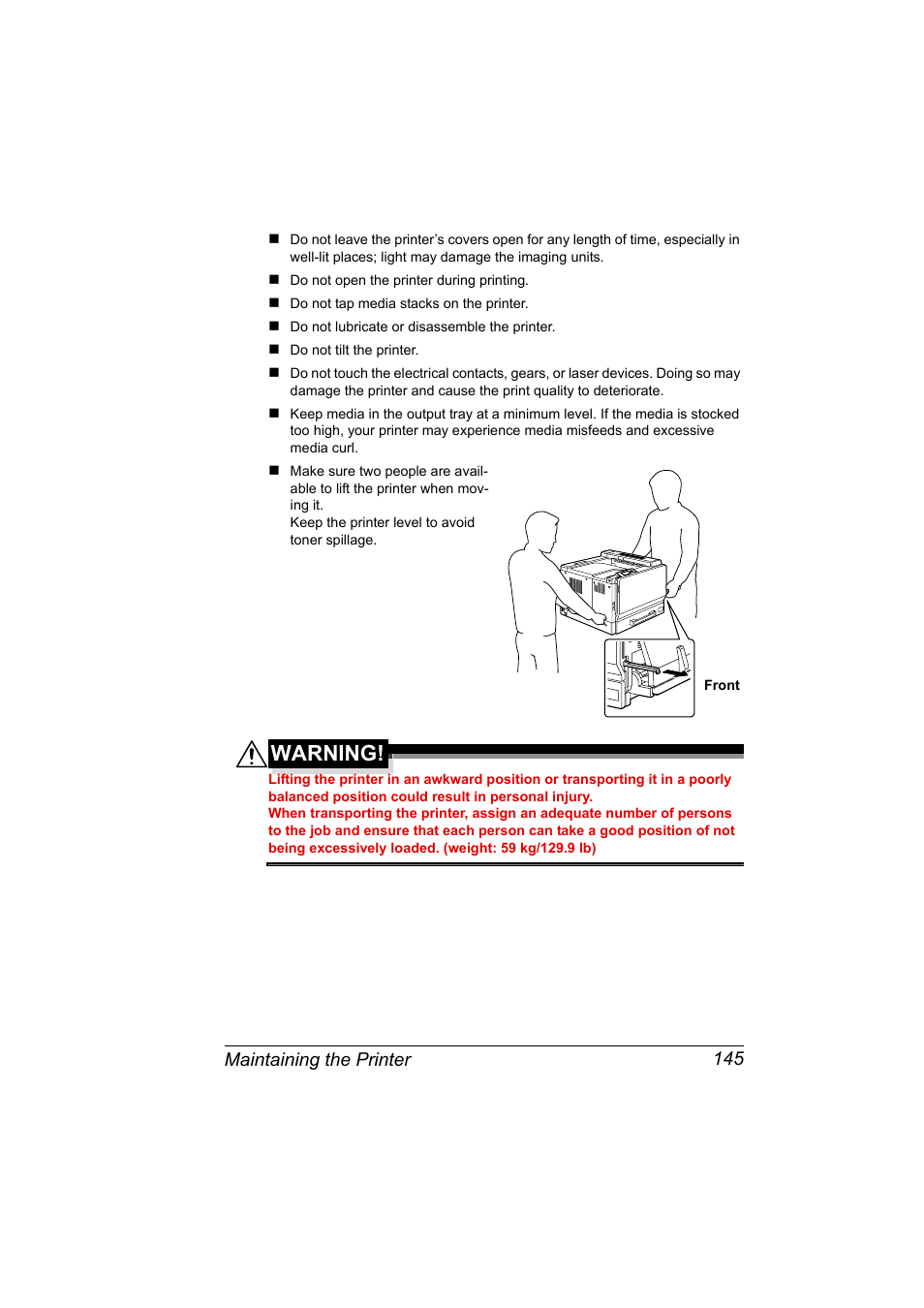 Warning, Maintaining the printer 145 | Konica Minolta magicolor 7450 grafx User Manual | Page 159 / 254