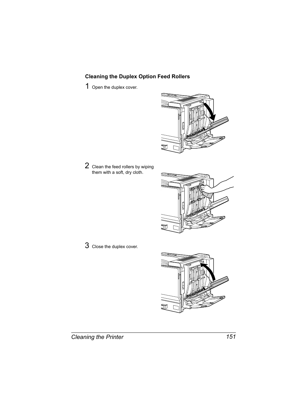 Cleaning the duplex option feed rollers, Cleaning the duplex option feed rollers 151 | Konica Minolta magicolor 7450 grafx User Manual | Page 165 / 254
