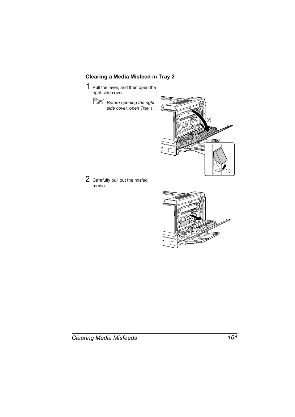 Clearing a media misfeed in tray 2, Clearing a media misfeed in tray 2 161 | Konica Minolta magicolor 7450 grafx User Manual | Page 175 / 254