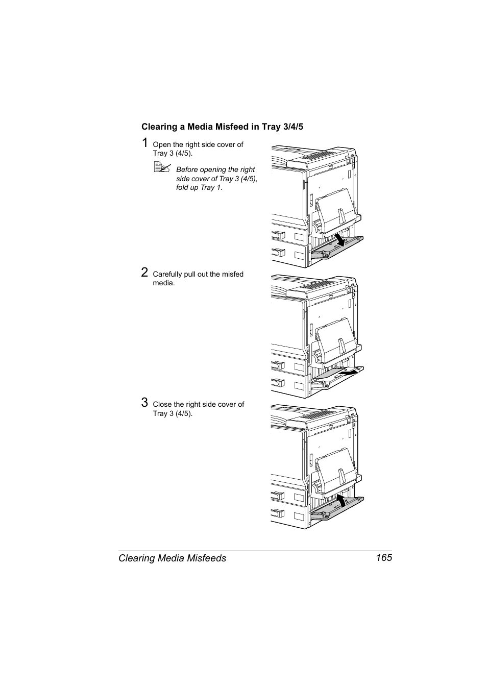 Clearing a media misfeed in tray 3/4/5, Clearing a media misfeed in tray 3/4/5 165 | Konica Minolta magicolor 7450 grafx User Manual | Page 179 / 254