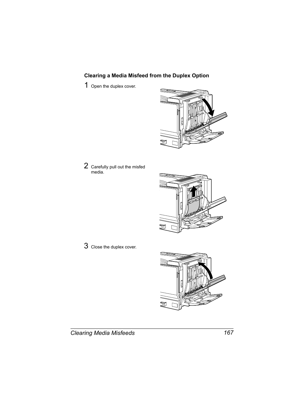 Clearing a media misfeed from the duplex option | Konica Minolta magicolor 7450 grafx User Manual | Page 181 / 254