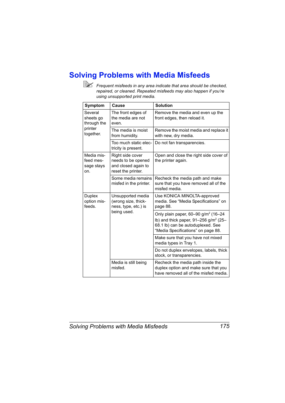 Solving problems with media misfeeds, Solving problems with media misfeeds 175 | Konica Minolta magicolor 7450 grafx User Manual | Page 189 / 254