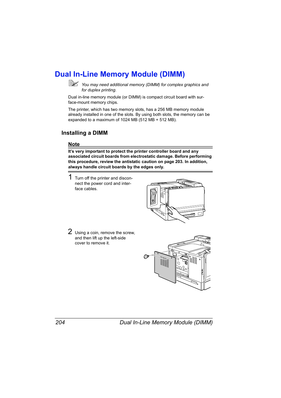 Dual in-line memory module (dimm), Installing a dimm, Dual in-line memory module (dimm) 204 | Installing a dimm 204 | Konica Minolta magicolor 7450 grafx User Manual | Page 218 / 254