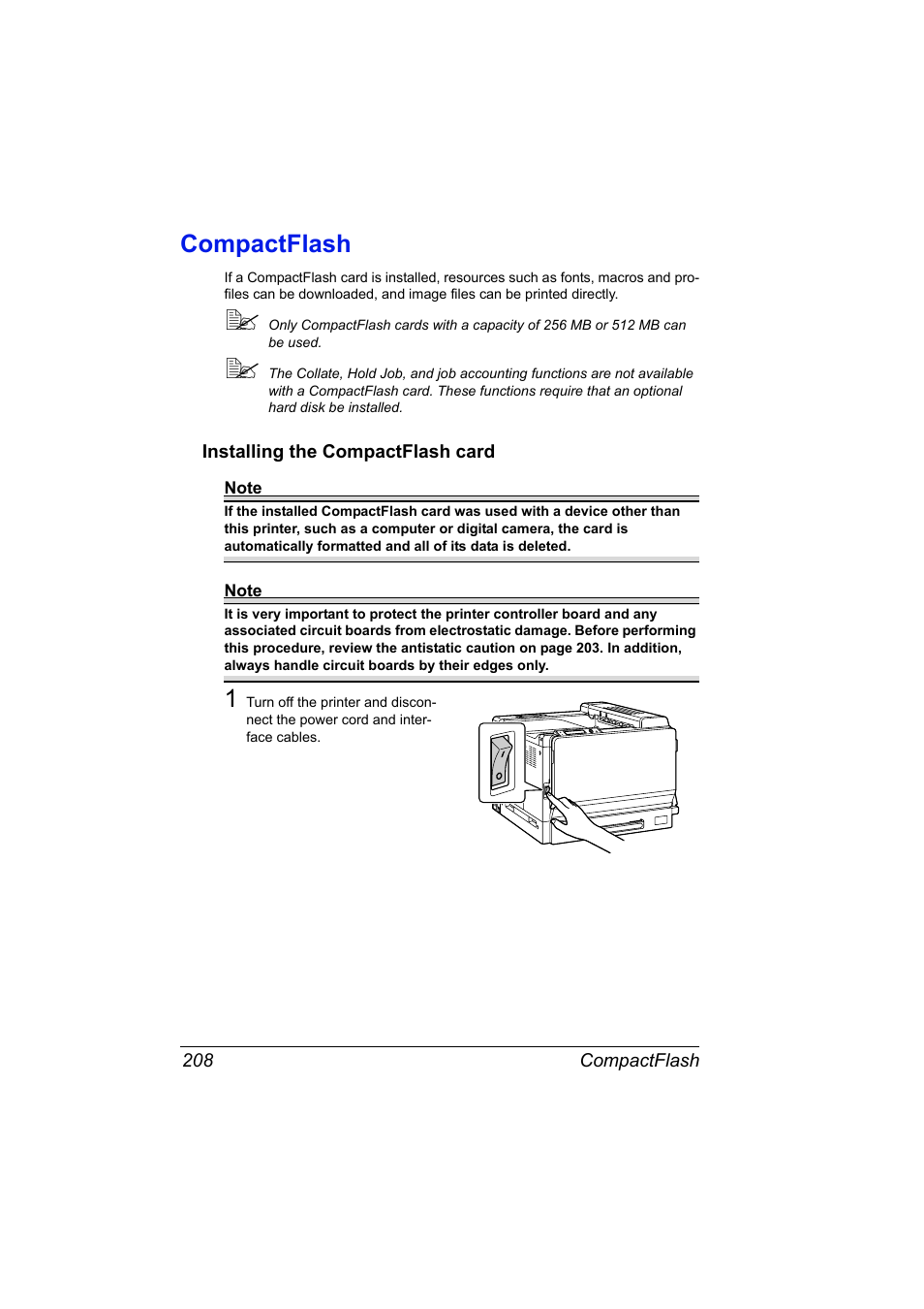 Compactflash, Installing the compactflash card, Compactflash 208 | Installing the compactflash card 208 | Konica Minolta magicolor 7450 grafx User Manual | Page 222 / 254