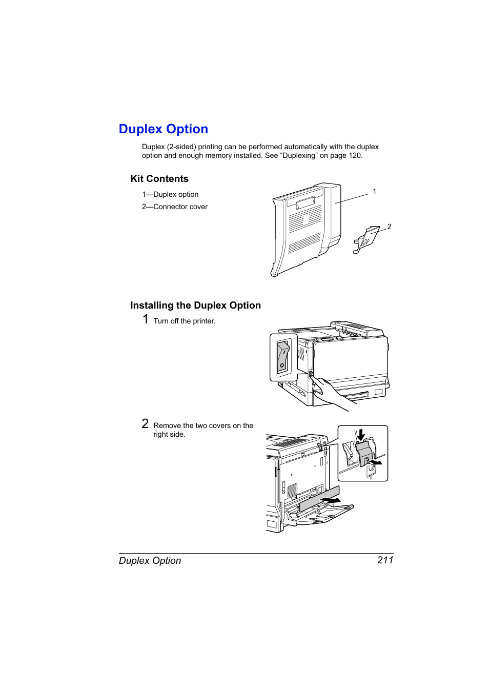 Duplex option, Kit contents, Installing the duplex option | Duplex option 211, Kit contents 211 installing the duplex option 211 | Konica Minolta magicolor 7450 grafx User Manual | Page 225 / 254