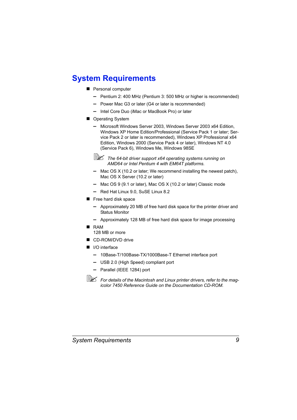 System requirements, System requirements 9 | Konica Minolta magicolor 7450 grafx User Manual | Page 23 / 254