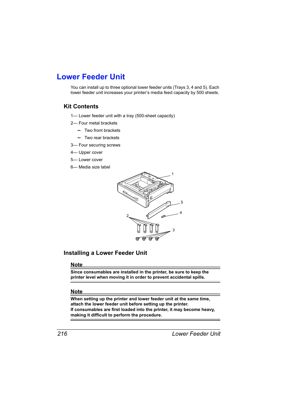 Lower feeder unit, Kit contents, Installing a lower feeder unit | Lower feeder unit 216 | Konica Minolta magicolor 7450 grafx User Manual | Page 230 / 254