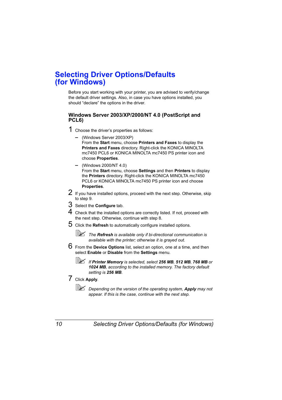 Selecting driver options/defaults (for windows), Selecting driver options/defaults (for windows) 10 | Konica Minolta magicolor 7450 grafx User Manual | Page 24 / 254