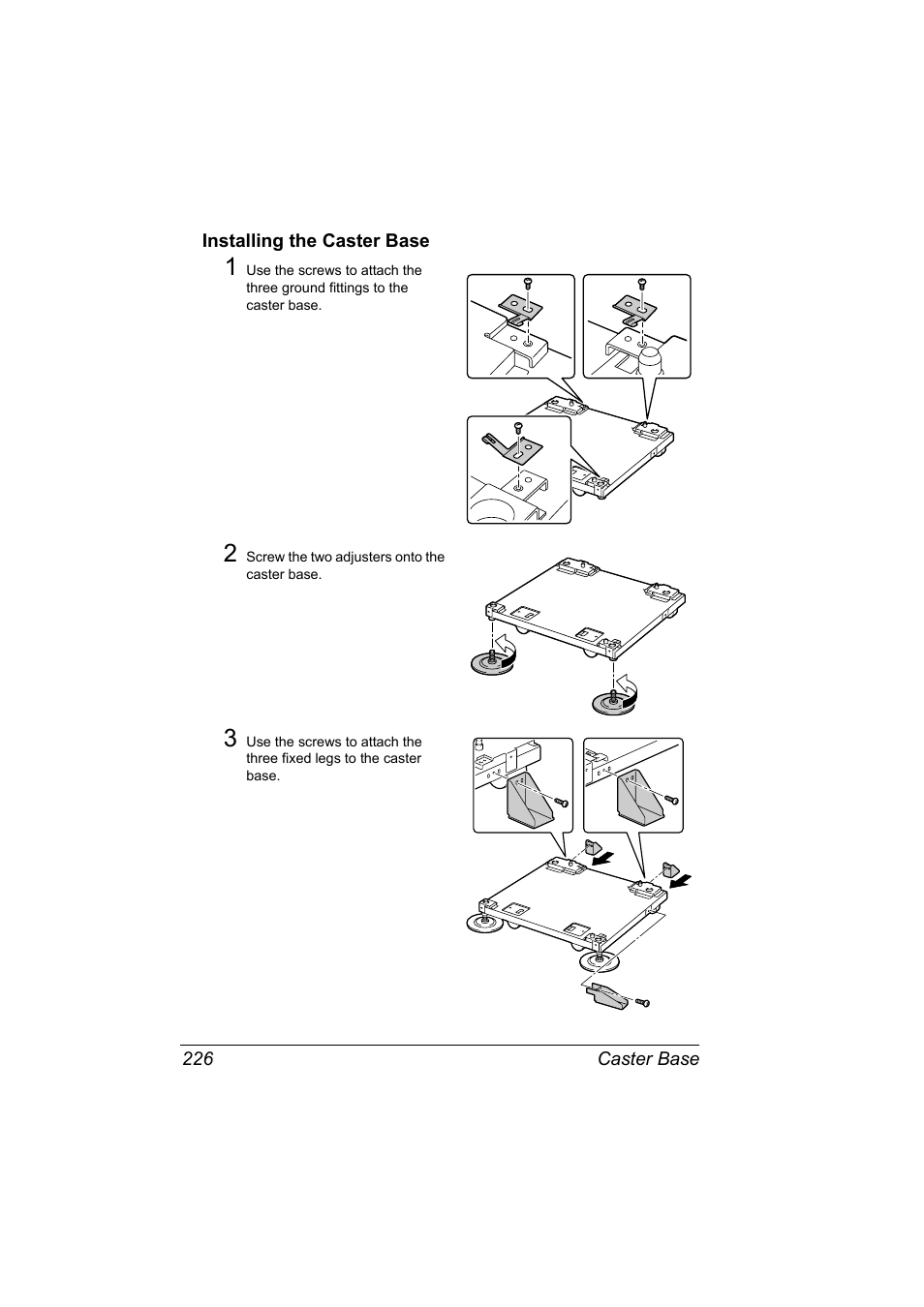 Installing the caster base, Installing the caster base 226 | Konica Minolta magicolor 7450 grafx User Manual | Page 240 / 254