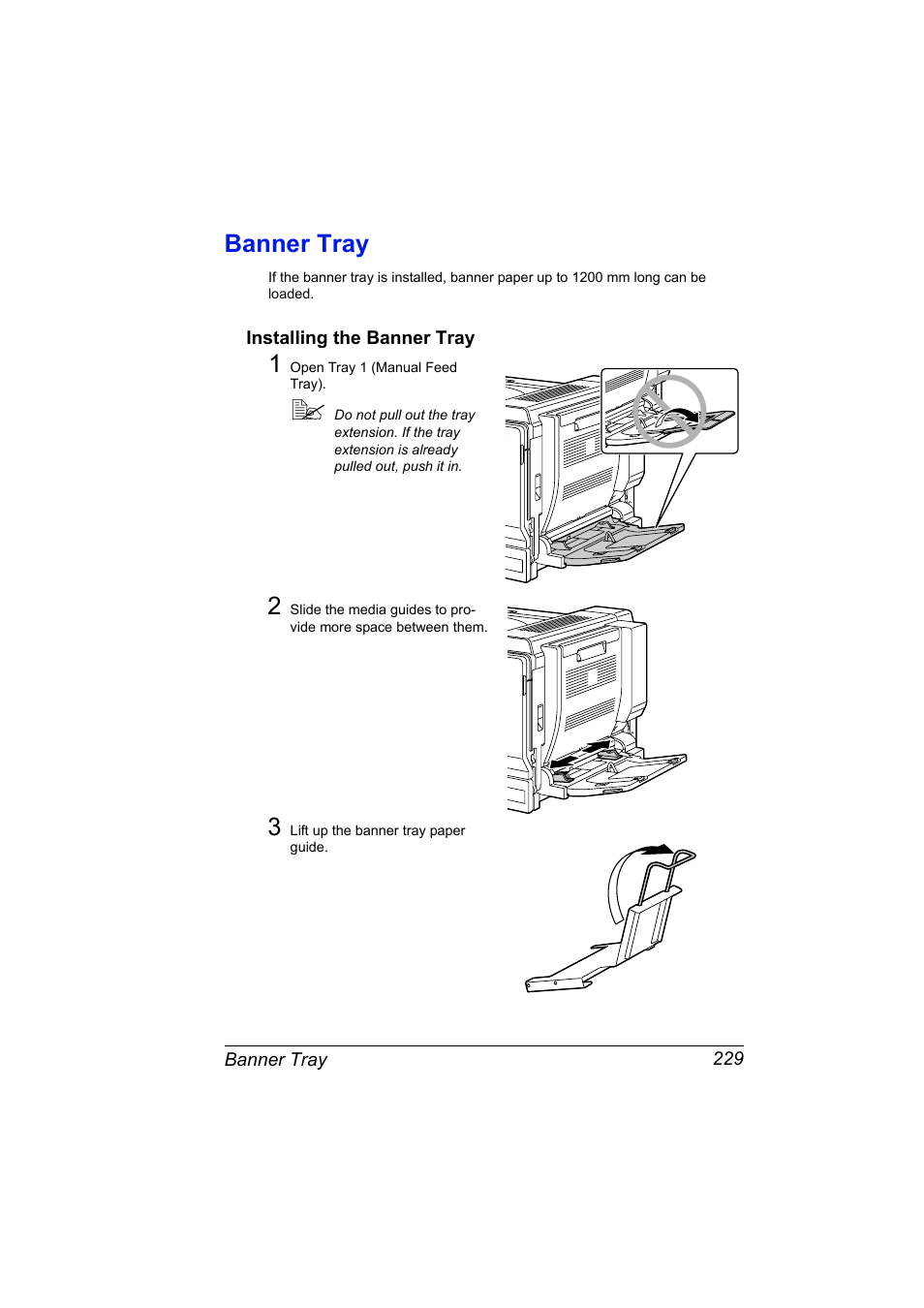 Banner tray, Installing the banner tray, Banner tray 229 | Installing the banner tray 229 | Konica Minolta magicolor 7450 grafx User Manual | Page 243 / 254