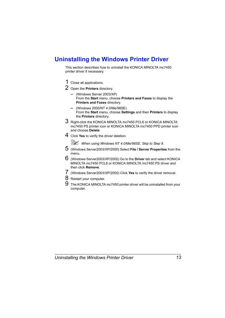 Uninstalling the windows printer driver, Uninstalling the windows printer driver 13 | Konica Minolta magicolor 7450 grafx User Manual | Page 27 / 254