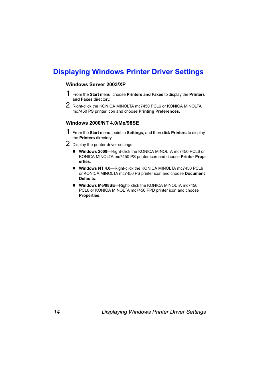 Displaying windows printer driver settings, Windows server 2003/xp, Windows 2000/nt 4.0/me/98se | Displaying windows printer driver settings 14 | Konica Minolta magicolor 7450 grafx User Manual | Page 28 / 254