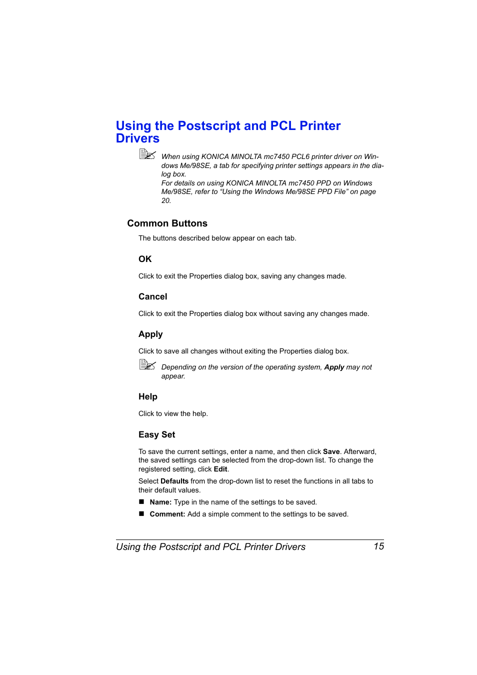Using the postscript and pcl printer drivers, Common buttons, Cancel | Apply, Help, Easy set, Using the postscript and pcl printer drivers 15, Common buttons 15, Ok 15 cancel 15 apply 15 help 15 easy set 15 | Konica Minolta magicolor 7450 grafx User Manual | Page 29 / 254