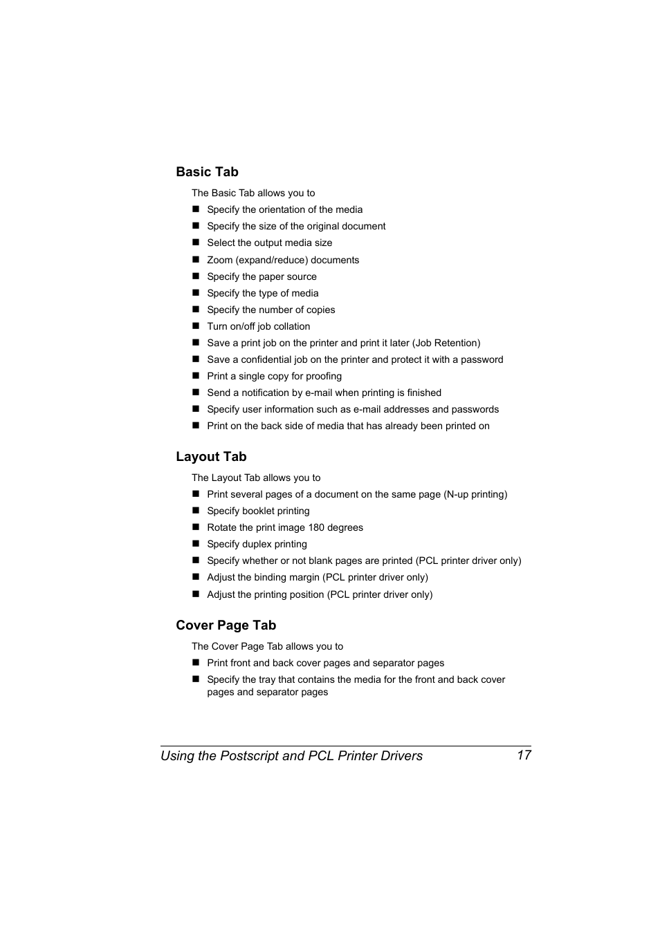 Basic tab, Layout tab, Cover page tab | Konica Minolta magicolor 7450 grafx User Manual | Page 31 / 254