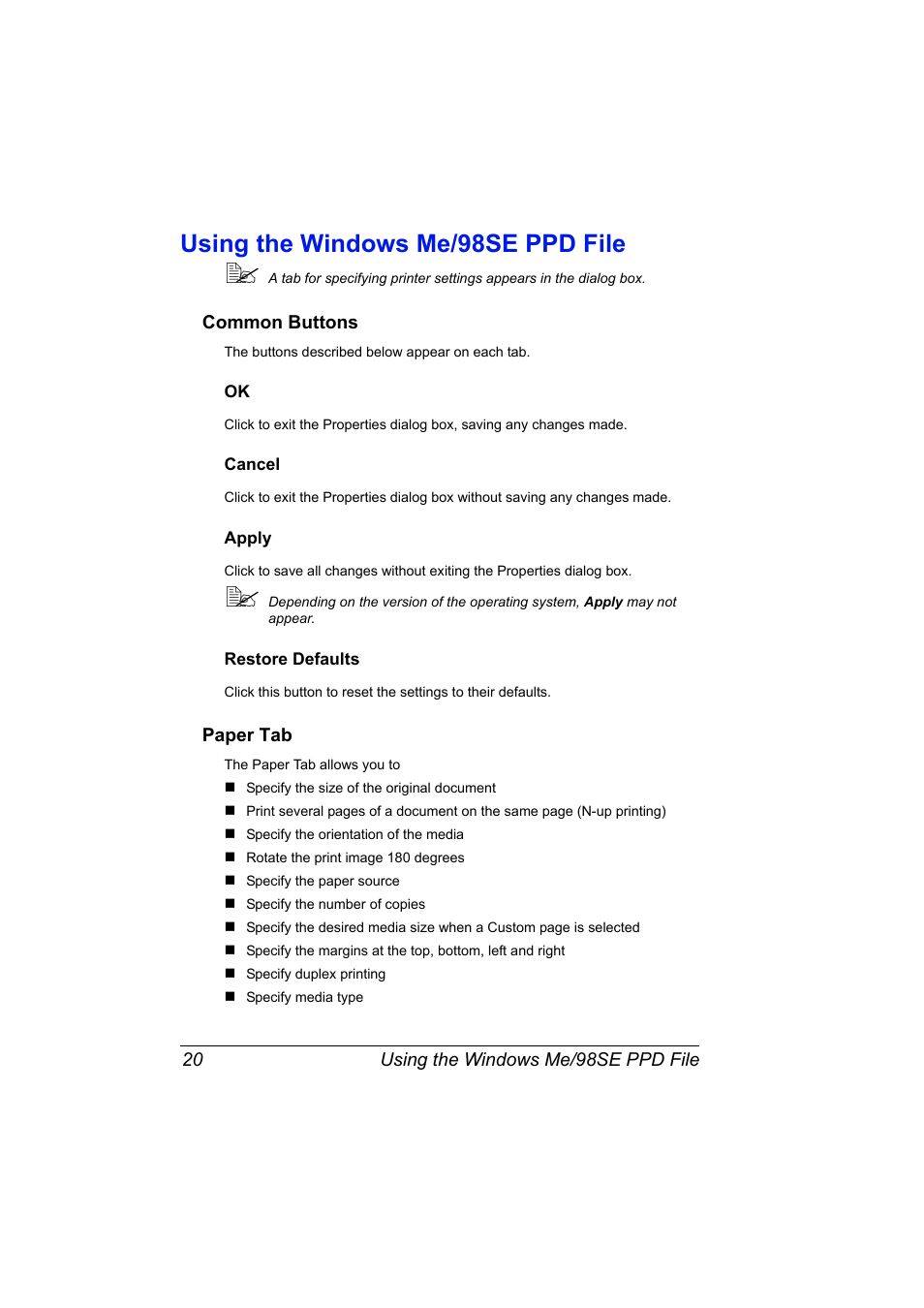 Using the windows me/98se ppd file, Common buttons, Cancel | Apply, Restore defaults, Paper tab, Using the windows me/98se ppd file 20, Common buttons 20, Ok 20 cancel 20 apply 20 restore defaults 20, Paper tab 20 | Konica Minolta magicolor 7450 grafx User Manual | Page 34 / 254