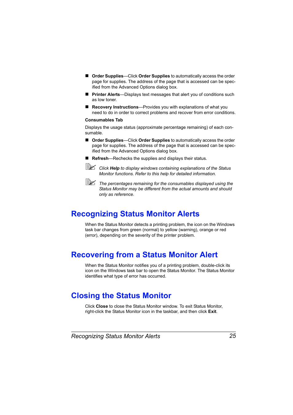 Recognizing status monitor alerts, Recovering from a status monitor alert, Closing the status monitor | Konica Minolta magicolor 7450 grafx User Manual | Page 39 / 254