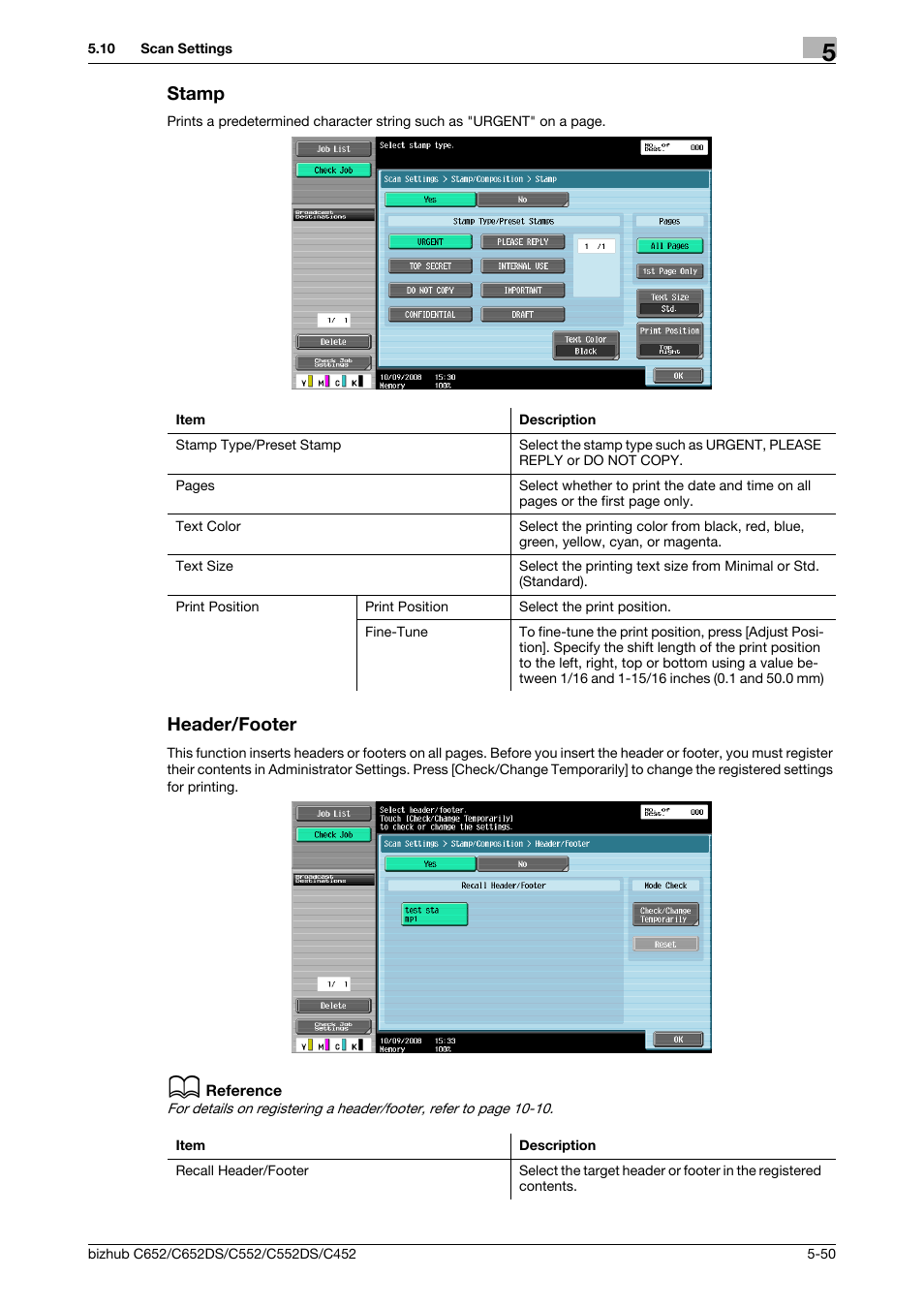 Stamp, Header/footer, Stamp -50 header/footer -50 | P (p. 5-50), P. 5-50) | Konica Minolta BIZHUB C652DS User Manual | Page 100 / 294