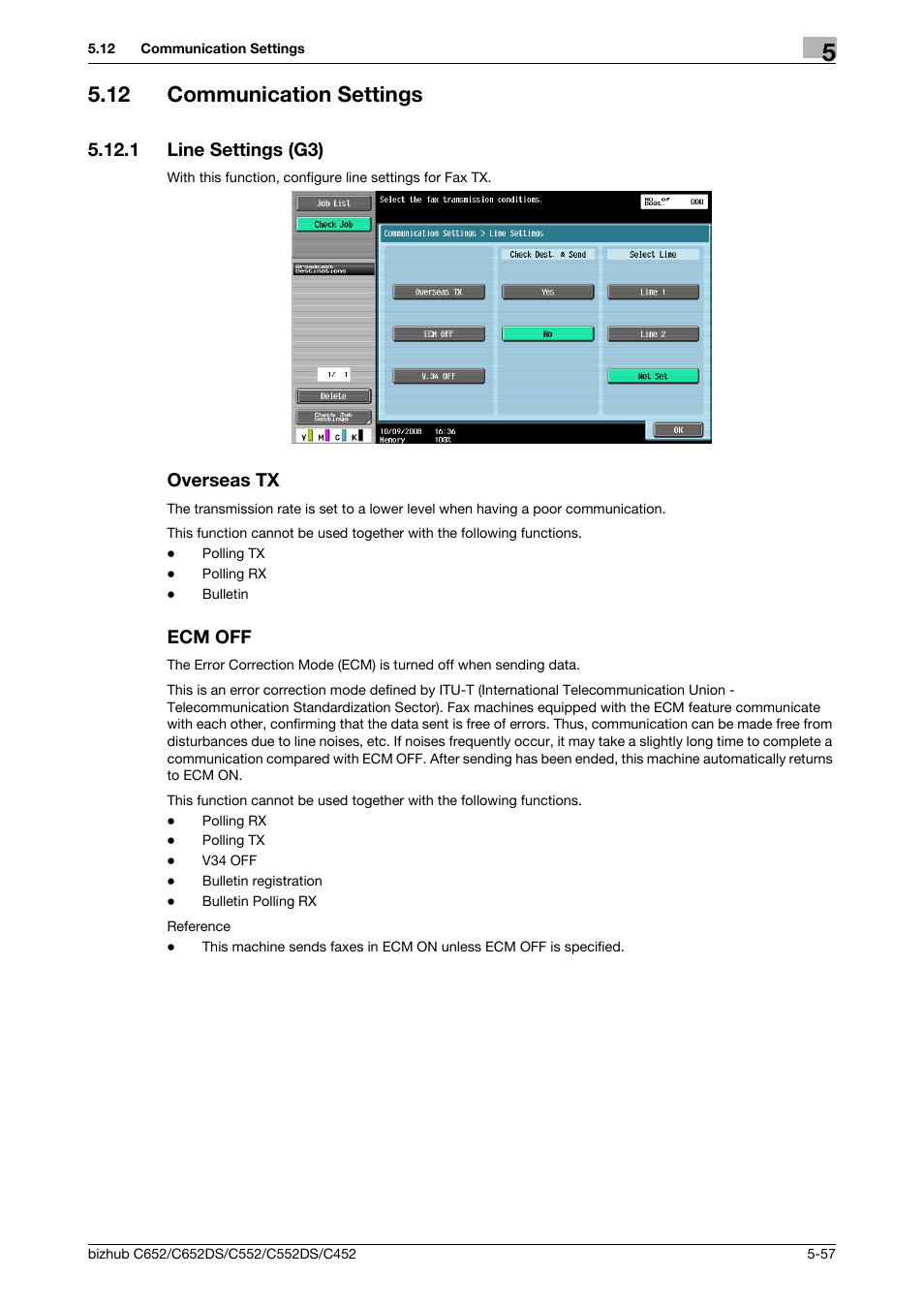 12 communication settings, 1 line settings (g3), Overseas tx | Ecm off, Communication settings -57, Line settings (g3) -57 overseas tx -57 ecm off -57, P. 5-57), Ings (p. 5-57), P. 5-57 | Konica Minolta BIZHUB C652DS User Manual | Page 107 / 294